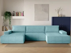 Vente-unique Gran sofá cama rinconera panorámico de pana AMELIA Azul turquesa Hot