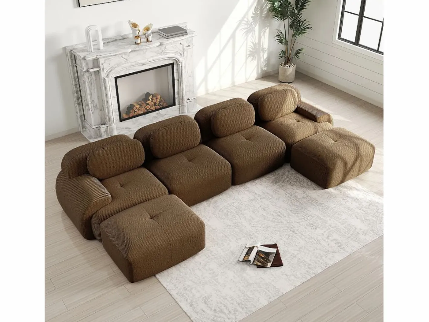 DripeX Gran sofá de esquina modular 388cm - en Pana - con 4 cojines y 2 otomanas - ergonómico - Marrón Marru00f3n Hot