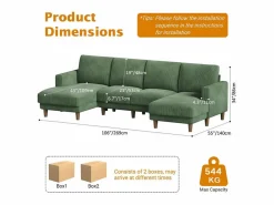 DripeX Gran sofá de esquina panorámico - 4 plazas - chaise longue 109cm - de pana - 269x140x86 - Verde Outlet
