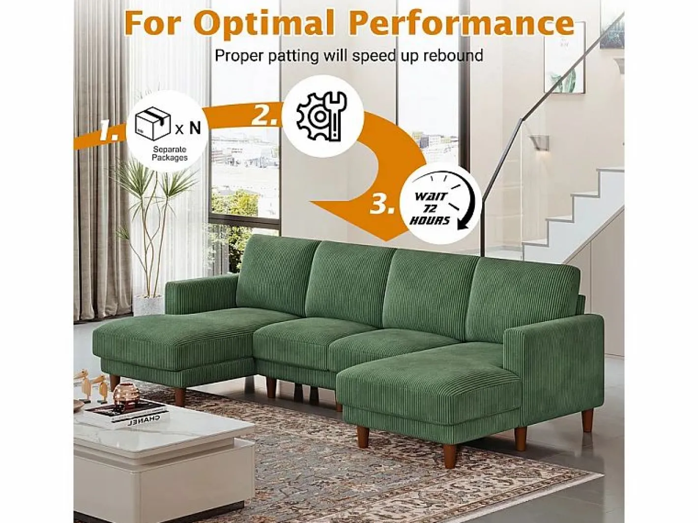 DripeX Gran sofá de esquina panorámico - 4 plazas - chaise longue 109cm - de pana - 269x140x86 - Verde Outlet
