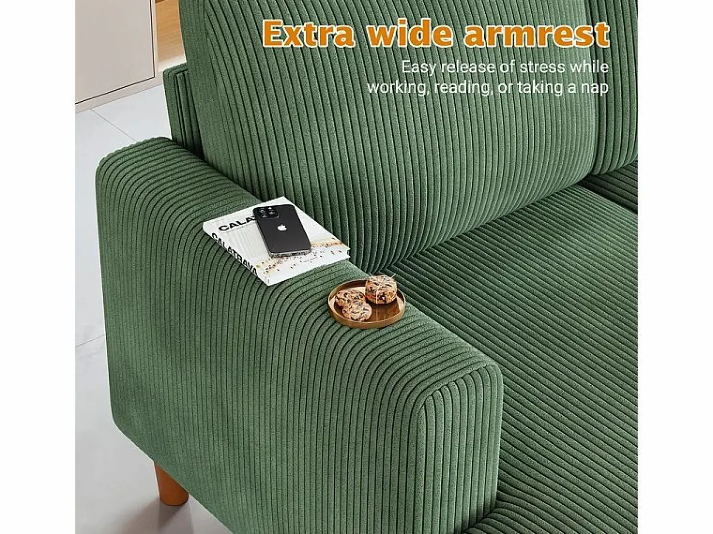 DripeX Gran sofá de esquina panorámico - 4 plazas - chaise longue 109cm - de pana - 269x140x86 - Verde Outlet