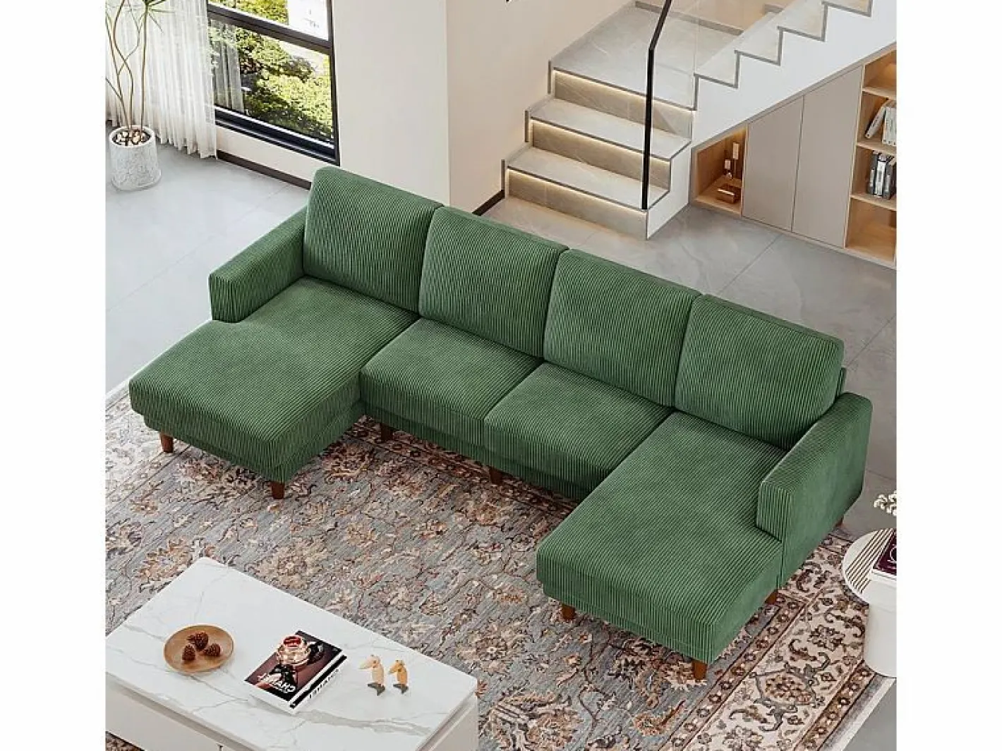 DripeX Gran sofá de esquina panorámico - 4 plazas - chaise longue 109cm - de pana - 269x140x86 - Verde Outlet