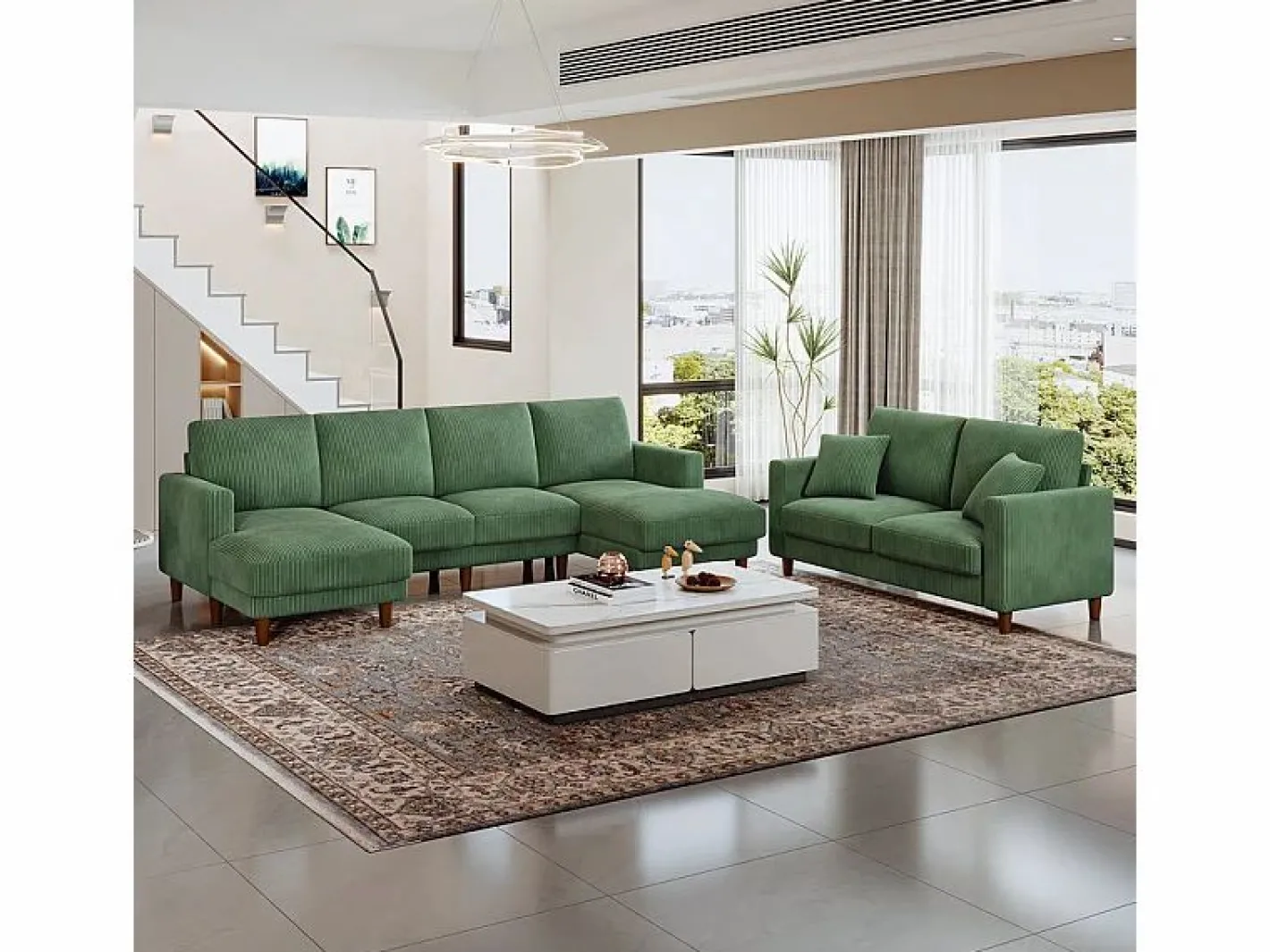 DripeX Gran sofá de esquina panorámico - 4 plazas - chaise longue 109cm - de pana - 269x140x86 - Verde Outlet