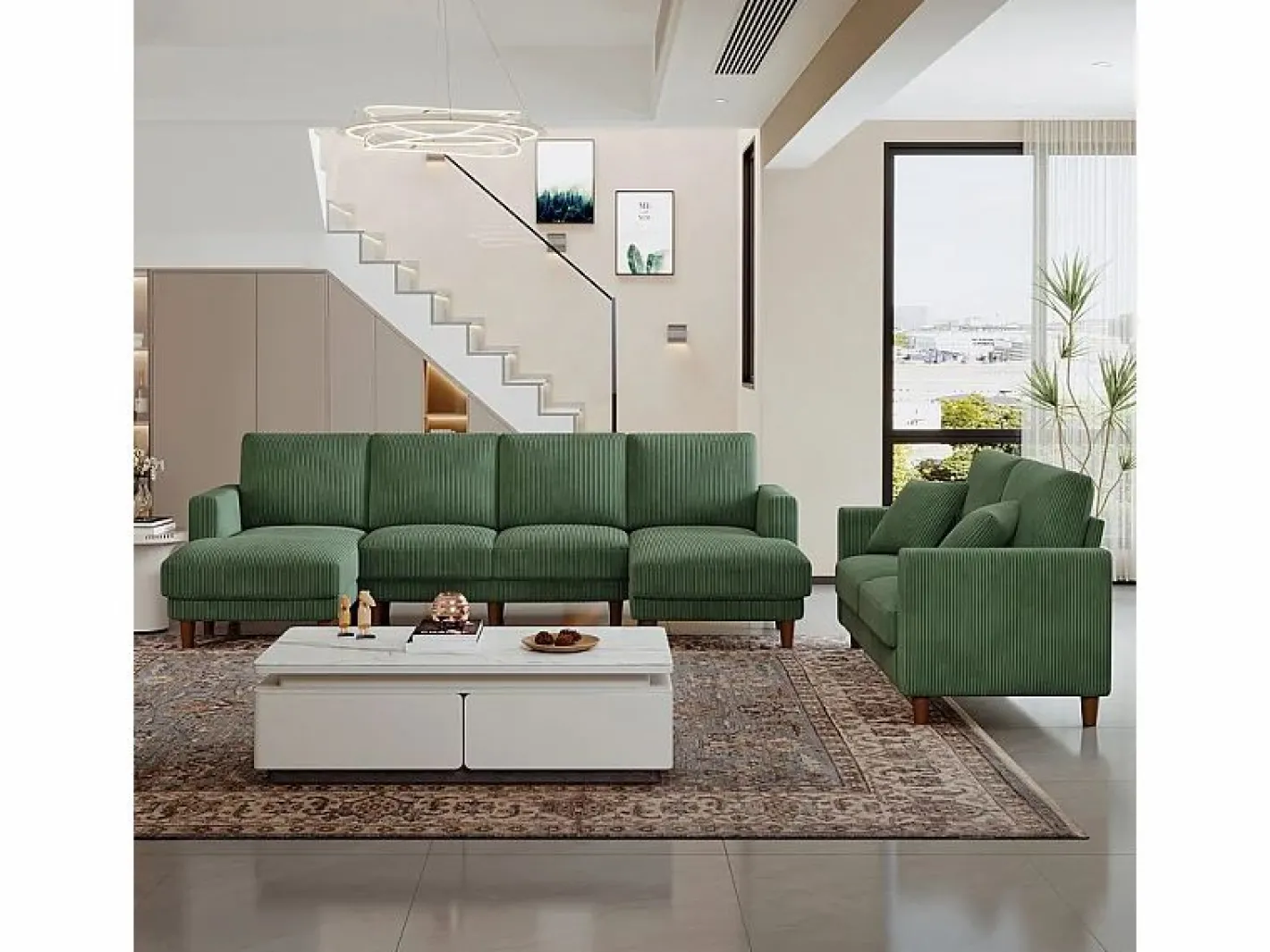 DripeX Gran sofá de esquina panorámico - 4 plazas - chaise longue 109cm - de pana - 269x140x86 - Verde Outlet