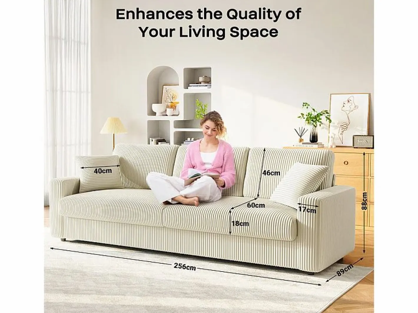 DripeX Gran sofá en terciopelo acanalado con 2 cojines - - 256 x 89 x 88 cm Beige Sale