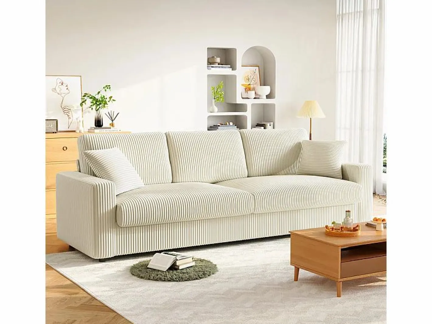 DripeX Gran sofá en terciopelo acanalado con 2 cojines - - 256 x 89 x 88 cm Beige Sale
