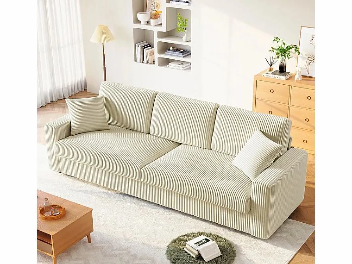 DripeX Gran sofá en terciopelo acanalado con 2 cojines - - 256 x 89 x 88 cm Beige Sale