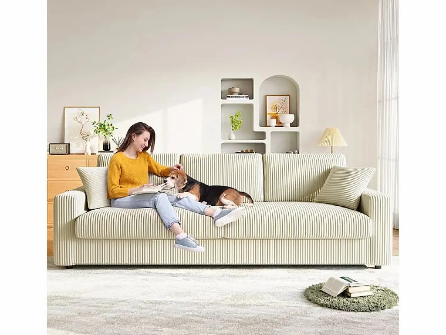 DripeX Gran sofá en terciopelo acanalado con 2 cojines - - 256 x 89 x 88 cm Beige Sale