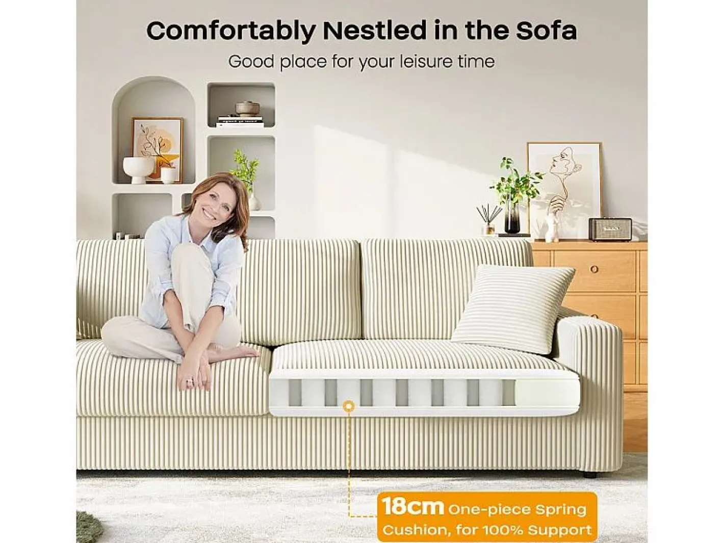 DripeX Gran sofá en terciopelo acanalado con 2 cojines - - 256 x 89 x 88 cm Beige Sale