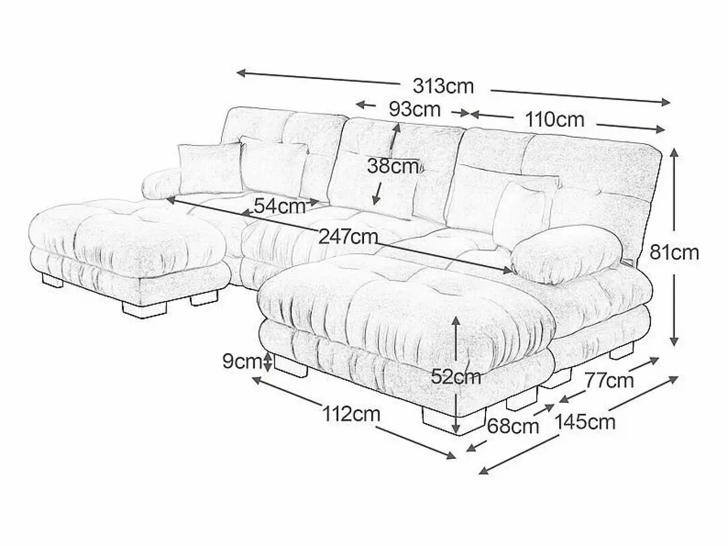 DripeX Gran sofá esquina modular - 3 plazas - con 2 pouf y 5 cojines - tejido felpa - 313x145x81cm Rosa Clearance