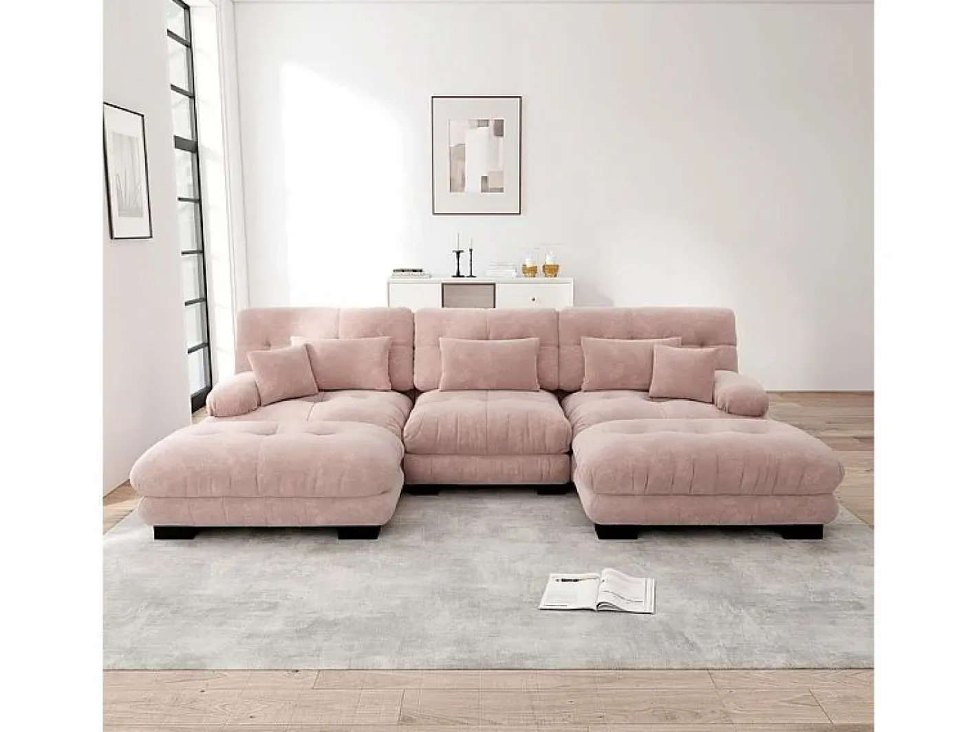 DripeX Gran sofá esquina modular - 3 plazas - con 2 pouf y 5 cojines - tejido felpa - 313x145x81cm Rosa Clearance