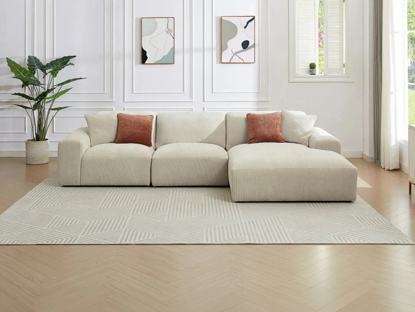 Maison Céphy Gran sofá rinconera derecha de pana TIRONO de Beige Clearance