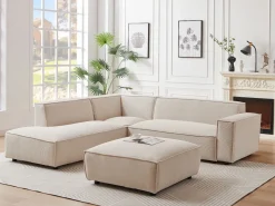 Vente-unique Gran sofá rinconera izquierda y otomano de pana BORORE Beige