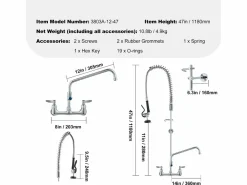 Grifo De Cocina|Grifo de Cocina, SucceBuy Grifo de Fregadero de Cocina de Montaje en Pared con Rociador de Prelavado, 120 cm de Altura