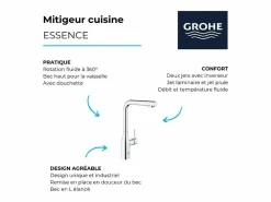GROHE Grifo De Cocina|Essence mezclador de cocina tamaño XL Caño alto cromado extraíble
