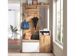Guardarropa blanco y madera con espejo, 2 puertas, banco y 4 colgadores 105x40x190,5cm^Hauss Spole Hot