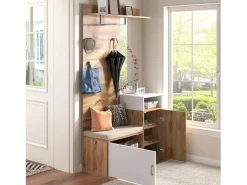 Guardarropa blanco y madera con espejo, 2 puertas, banco y 4 colgadores 105x40x190,5cm^Hauss Spole Hot