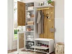 ModernLuxe Guardarropa 110x38x190 cm con LED - con espejo + 5 ganchos + zapatero - Natural y Blanco Color natural claro / Blanco New