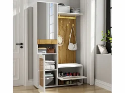 ModernLuxe Guardarropa 110x38x190 cm con LED - con espejo + 5 ganchos + zapatero - Natural y Blanco Color natural claro / Blanco New