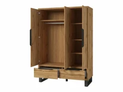 Meublorama Dormitorio Completo|Habitación completa estilo industrial colección MILOS: armario de 3 puertas, cama 160x200, cómoda, mesitas de noche, roble crudo y negro