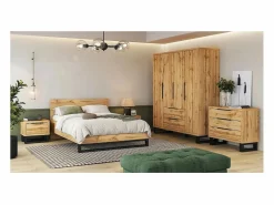 Habitación completa industrial MILOS: Armario 4 puertas, cama 160x200, cómoda, mesitas de noche, roble crudo/negro^Meublorama Discount