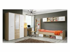 Meublorama Habitación juvenil DENVER: armario de 3 puertas, cama, biblioteca, escritorio, estantería Marru00f3n
