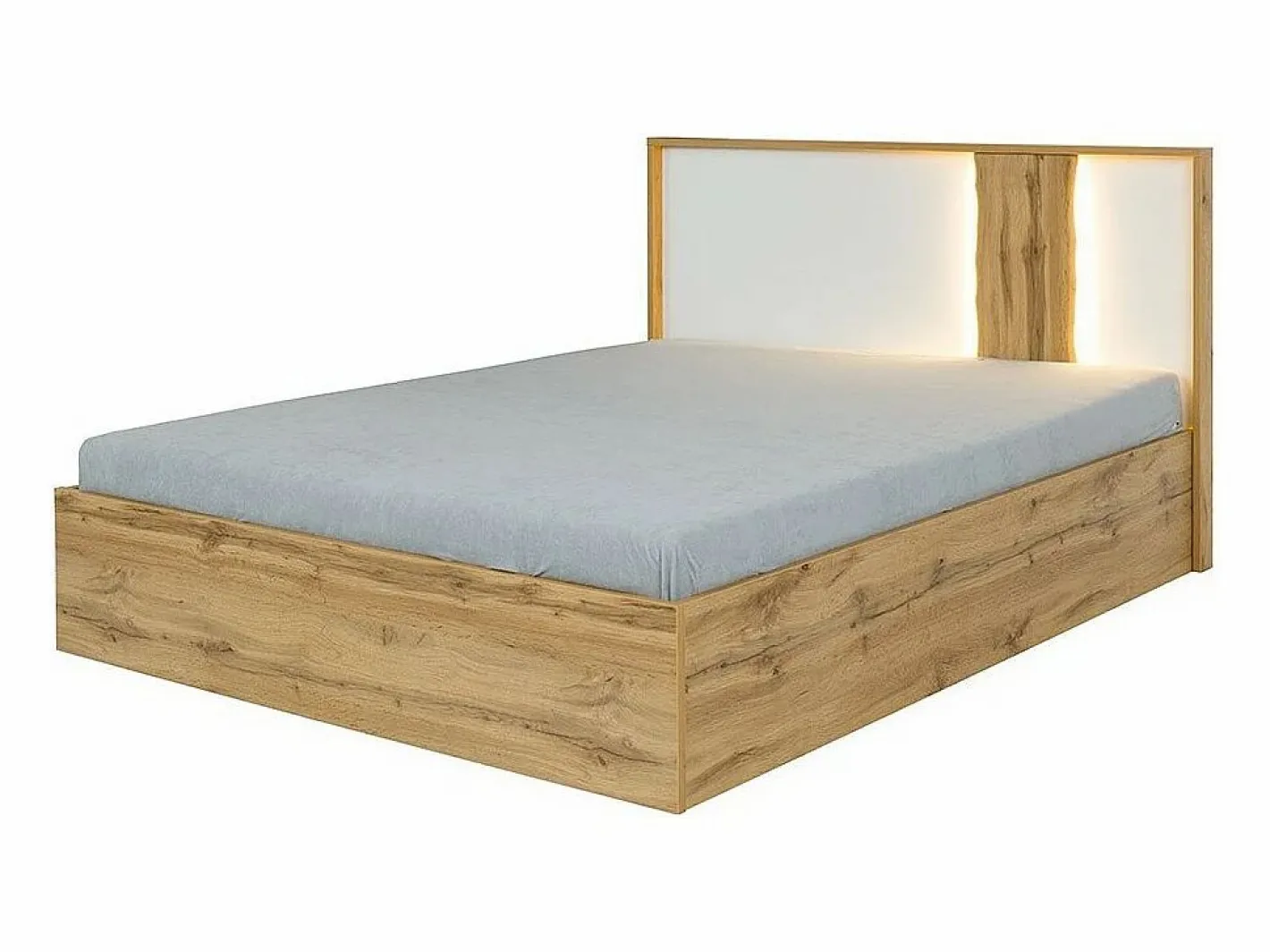 Meublorama Dormitorio Completo|Habitación WOOD en colores roble y blanco con cama de 160x200 LED, cómoda, mesitas de noche y armario.