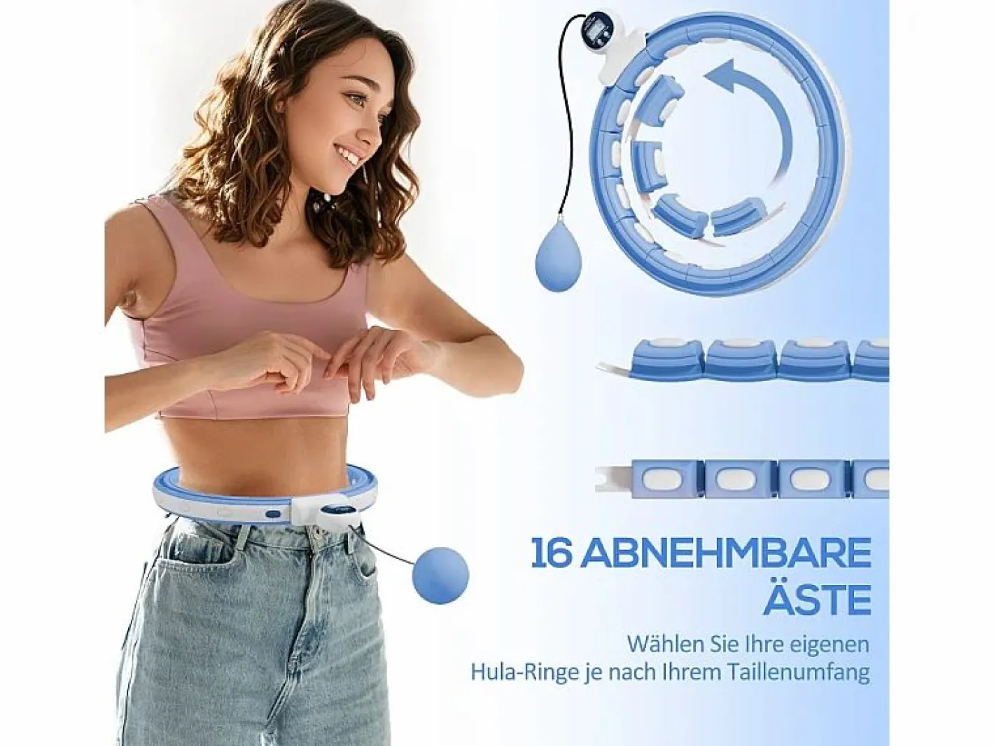 Aparato De Musculación|Hula hoop inteligente ajustable con peso y contador, plástico, claro, 16 segmentos (76x113cm)