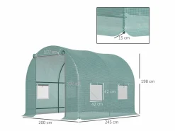 Invernadero de túnel con ventanas, estructura de acero, protección UV, 245 x 200 x 198 cm,^