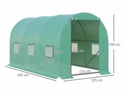 Invernadero de túnel para tomates, film transparente, 6 ventanas con mosquitera, estructura de acero (395x195x190cm) Verde New