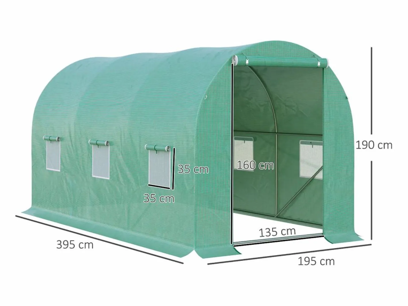 Invernadero de túnel para tomates, film transparente, 6 ventanas con mosquitera, estructura de acero (395x195x190cm) Verde New