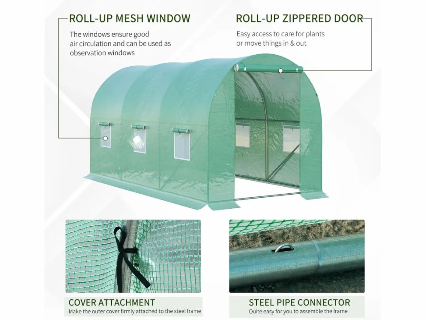 Invernadero de túnel para tomates, film transparente, 6 ventanas con mosquitera, estructura de acero (395x195x190cm) Verde New