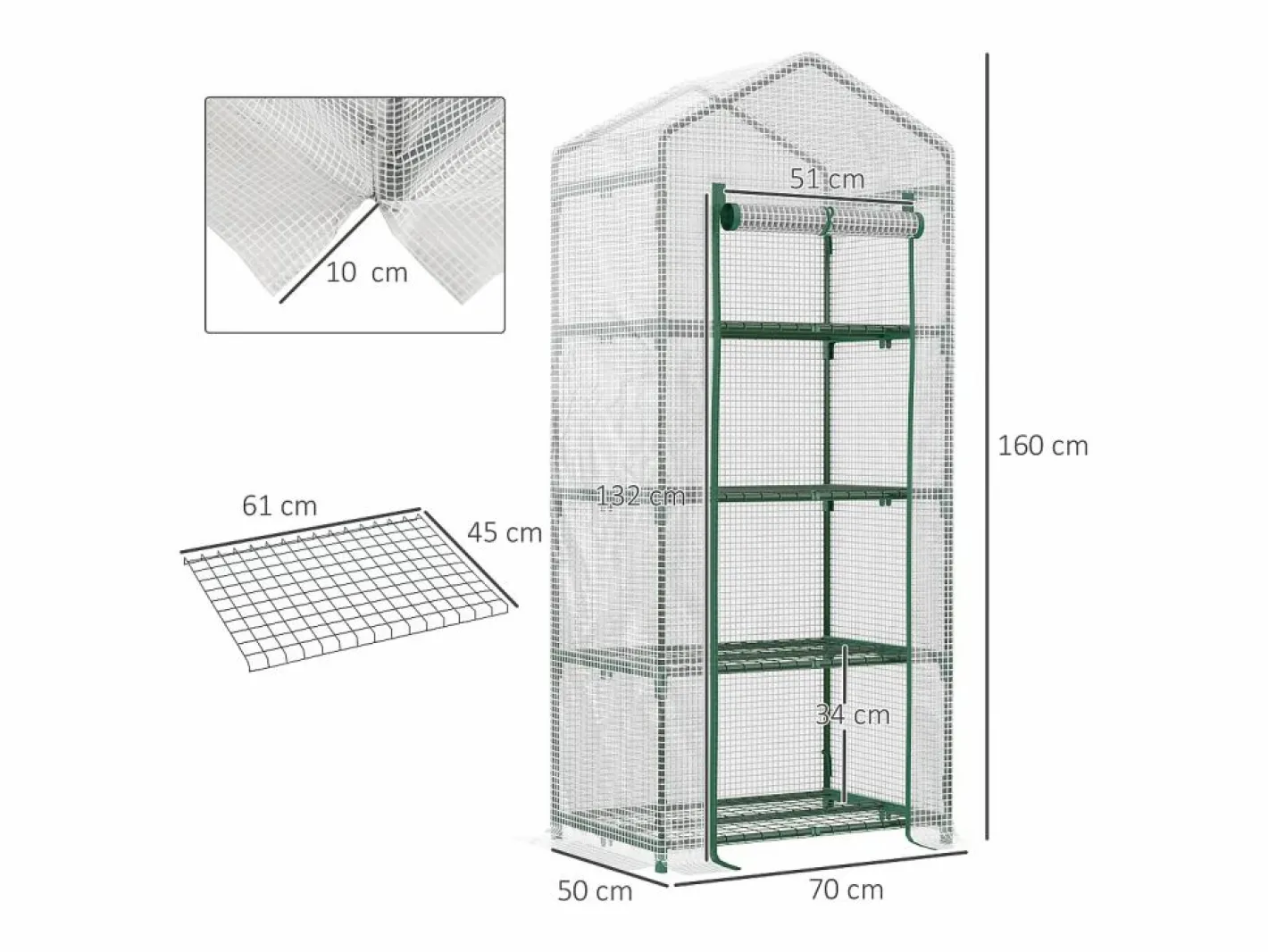 Invernadero para plantas, con 4 estantes, PVC, (70x50x160 cm) Blanco Clearance