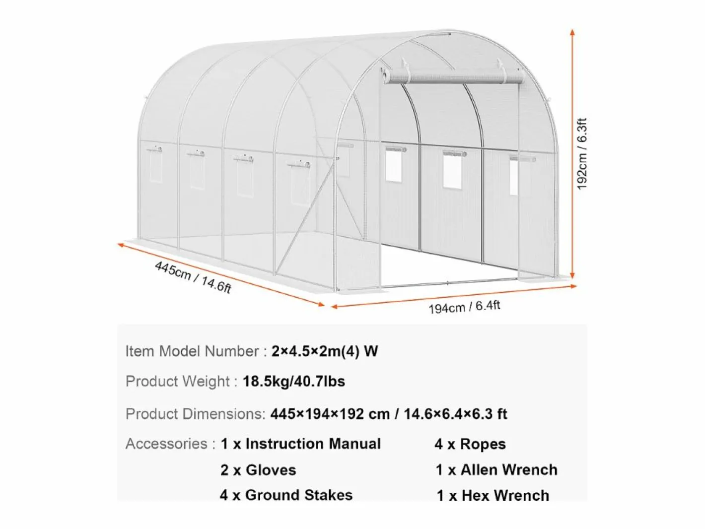Invernadero Tipo Túnel SucceBuy, 4,45 x 1,95 x 1,90 m, Estructura Galvanizada, Cubierta de PE,^ Outlet