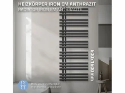LuxeBath Toallero Eléctrico|Iron EM Design Radiador de calefacción para baño, secador de toallas, antracita, 600 x 1600 mm