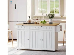 Merax Isla central con encimera abatible - 137 x 45/70 x 89,5 cm - con 2 cajones + 3 puertas - MDF - Blanco Online