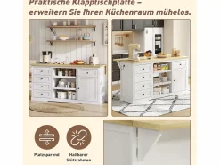Merax Isla central con panel abatible extensible - 150 x 65 x 75 cm - con 5 cajones + 1 puerta - MDF - Blanco Best
