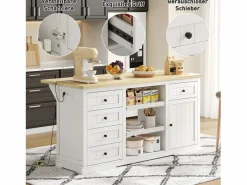 Merax Isla central con panel abatible extensible - 150 x 65 x 75 cm - con 5 cajones + 1 puerta - MDF - Blanco Best