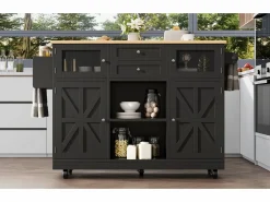Merax Isla central con ruedas - 140 x 40 x 93,5 cm - con encimera + 2 puertas + 2 cajones - MDF - Negro Discount