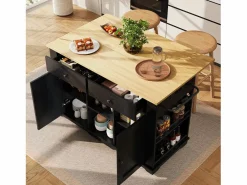 ModernLuxe Isla Cocina|Isla central de cocina - carrito con ruedas y tomas - con plancha extensible - 2 puertas 2 cajones y 2 compartimentos -