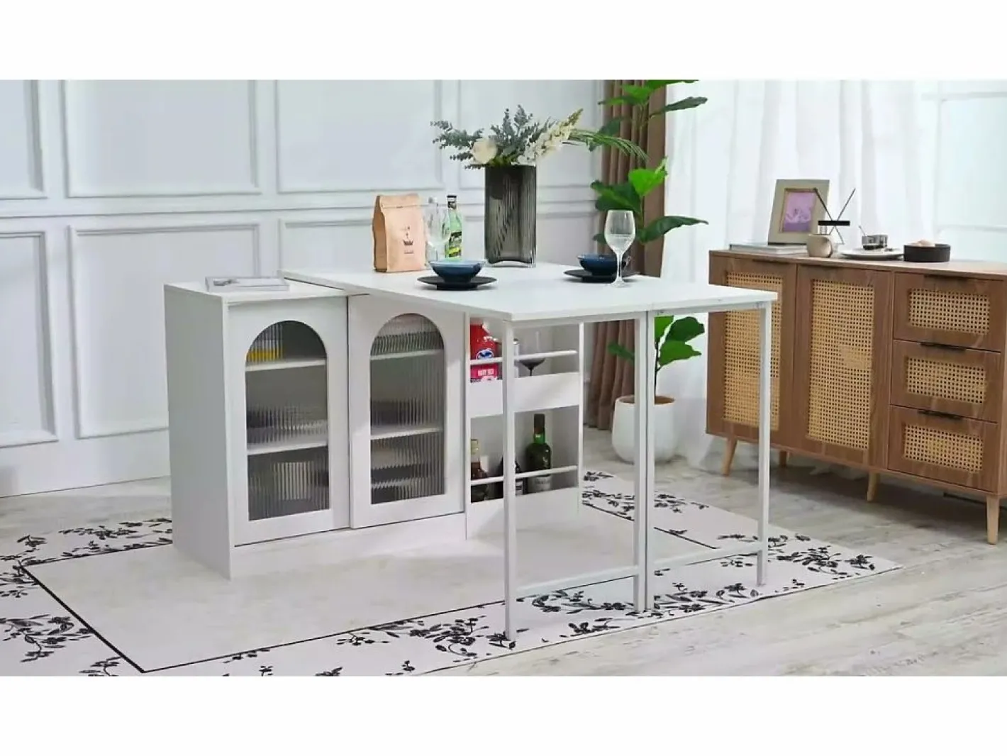 ModernLuxe Isla central de cocina - con tabla pivotante deslizante - con puertas de vidrio y espacio de almacenamiento - MDF - Blanco Sale