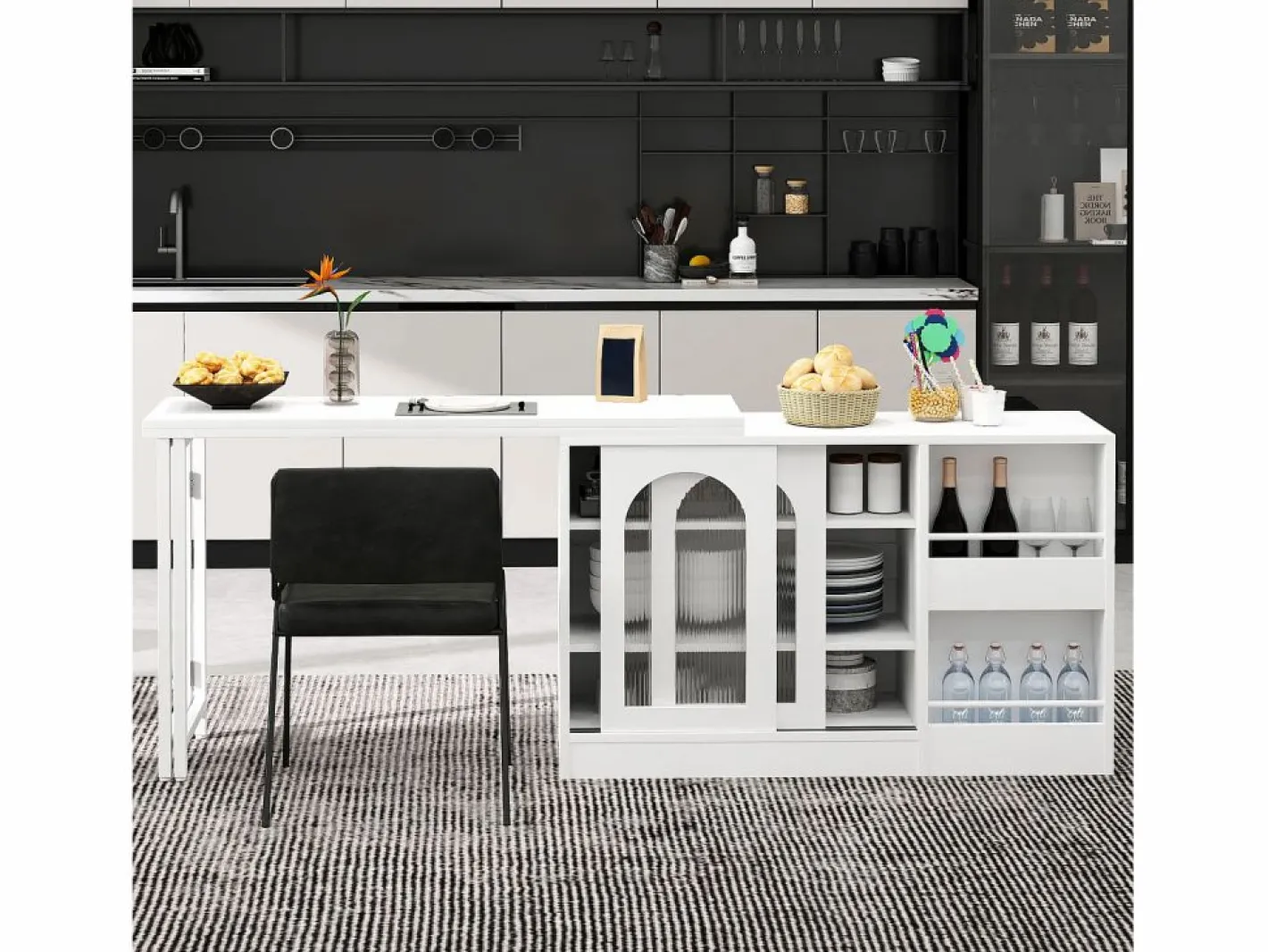 ModernLuxe Isla central de cocina - con tabla pivotante deslizante - con puertas de vidrio y espacio de almacenamiento - MDF - Blanco Sale