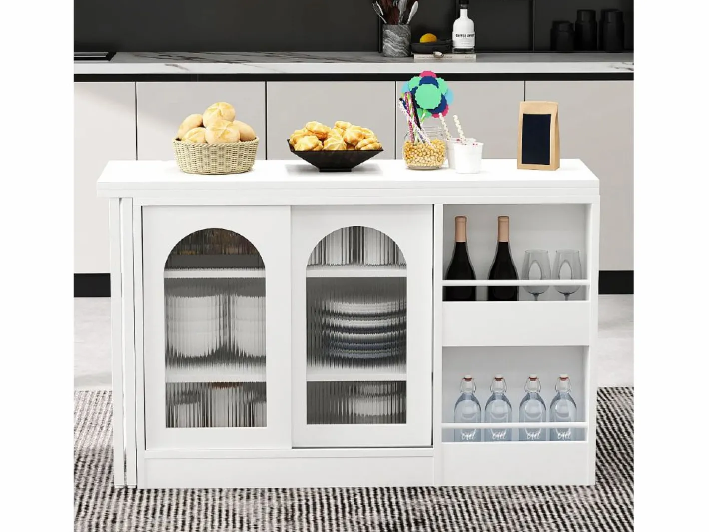 ModernLuxe Isla central de cocina - con tabla pivotante deslizante - con puertas de vidrio y espacio de almacenamiento - MDF - Blanco Sale