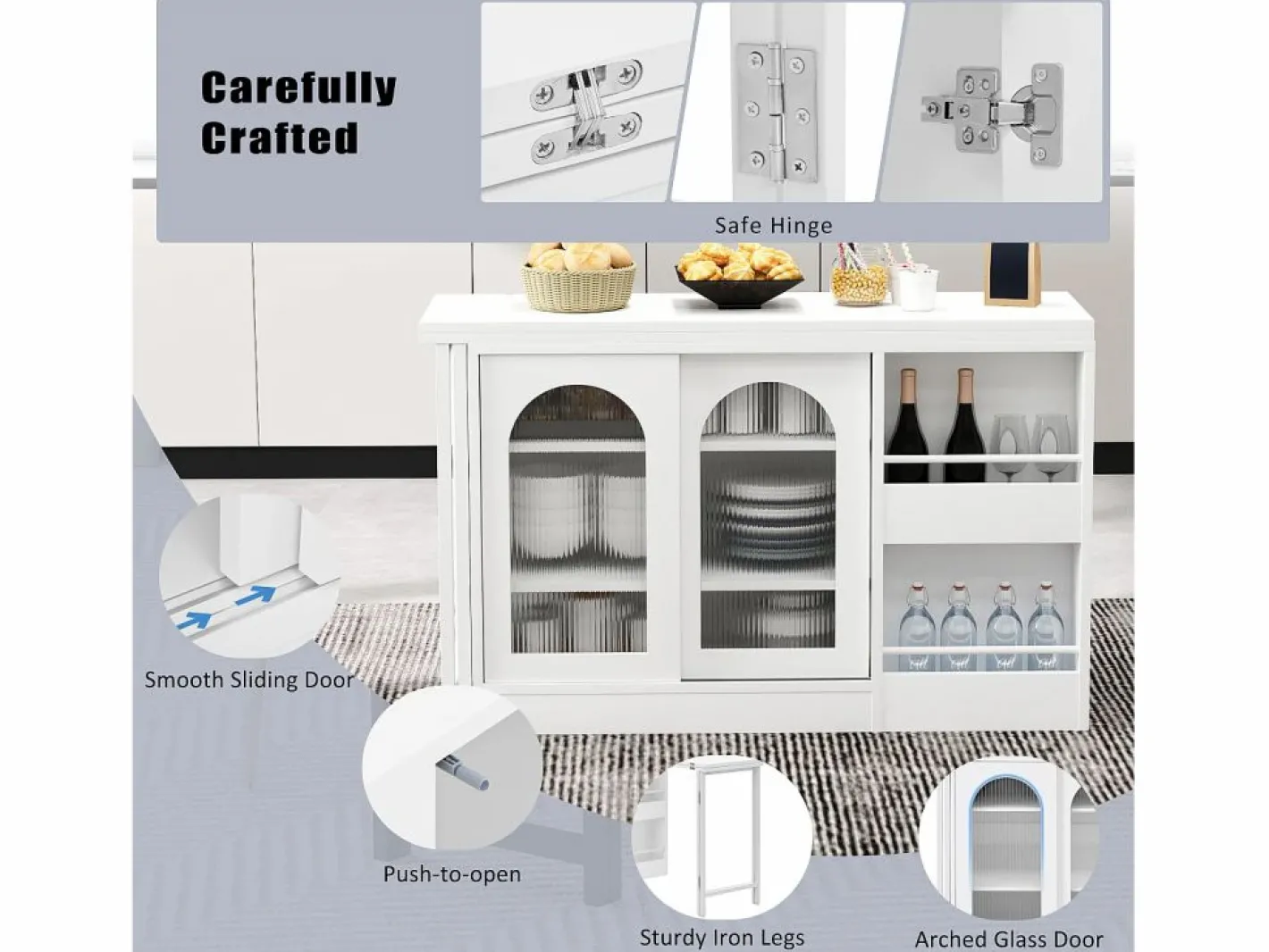 ModernLuxe Isla central de cocina - con tabla pivotante deslizante - con puertas de vidrio y espacio de almacenamiento - MDF - Blanco Sale