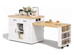 ModernLuxe Isla central de cocina - mesa de comedor extensible - con toma de corriente - con ruedas y espacio de almacenamiento - Natural + Blanco Clearance