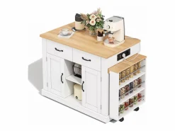 ModernLuxe Isla central de cocina - mesa de comedor extensible - con toma de corriente - con ruedas y espacio de almacenamiento - Natural + Blanco Clearance