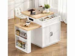 Isla central de cocina - mesa de comedor extensible - con iluminación LED - con toma de corriente - con ruedas y espacio de almacenamiento - Natural +^ModernLuxe Online