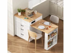 Isla central de cocina - mesa de comedor extensible - con iluminación LED - con toma de corriente - con ruedas y espacio de almacenamiento - Natural +^ModernLuxe Online