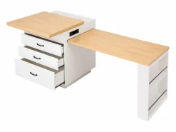 Isla central de cocina - mesa de comedor extensible - con iluminación LED - con toma de corriente - con ruedas y espacio de almacenamiento - Natural +^ModernLuxe Online