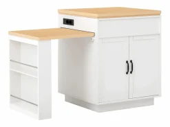 Isla central de cocina - mesa de comedor extensible - con iluminación LED - con toma de corriente - con ruedas y espacio de almacenamiento - Natural +^ModernLuxe Online